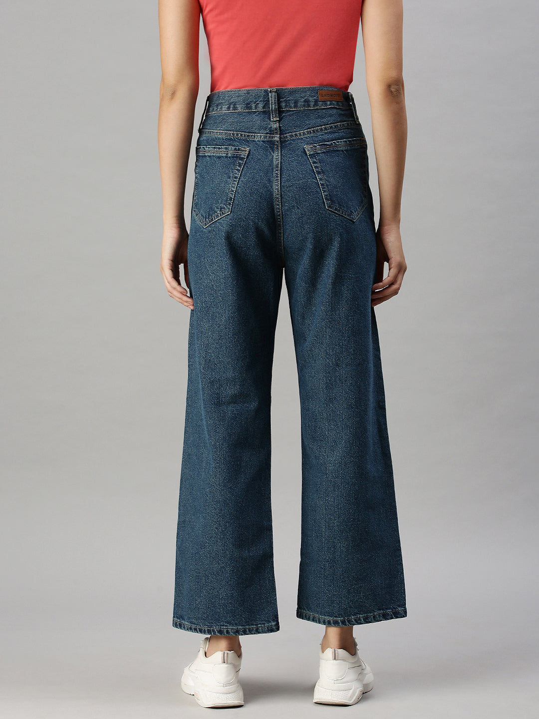 Women's Blue Cotton Wide Leg High-Rise Clean Look Jeans