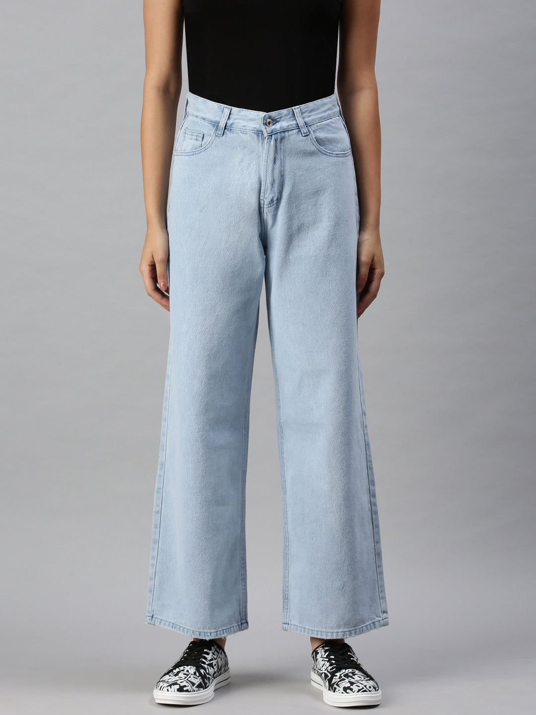 Women's Blue Cotton Wide Leg High-Rise Clean Look Jeans