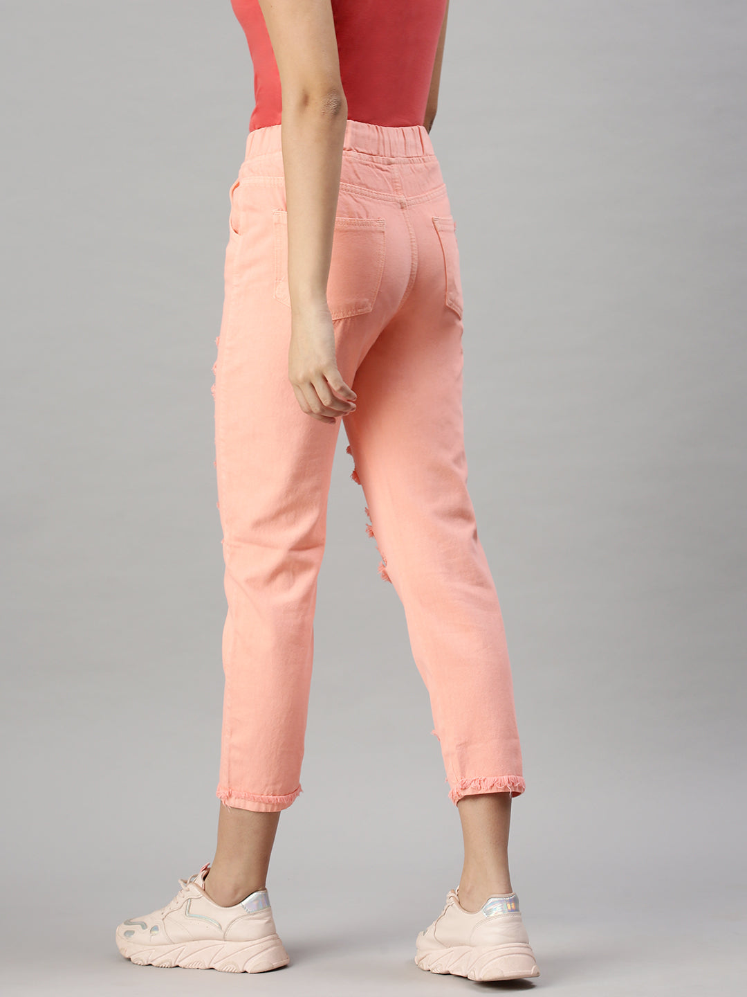 Women's Pink Jogger High-Rise Highly Distressed Jeans