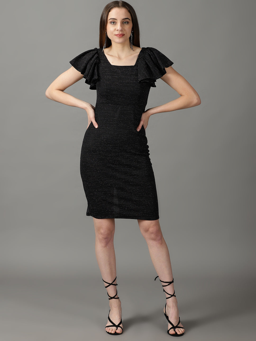 Women's Black Embellished Square Neck Bodycon Dress