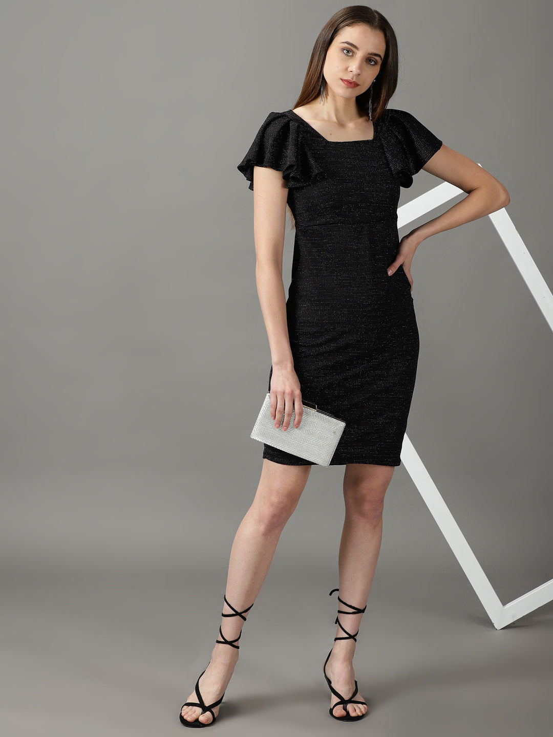 Women's Black Embellished Square Neck Bodycon Dress