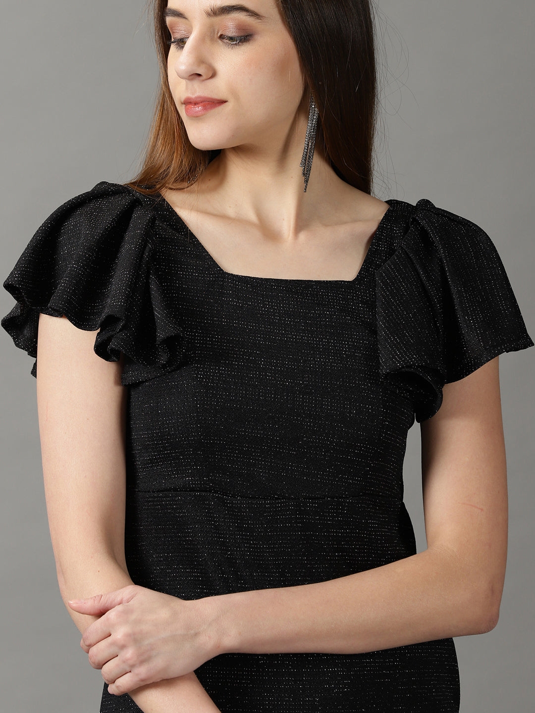 Women's Black Embellished Square Neck Bodycon Dress