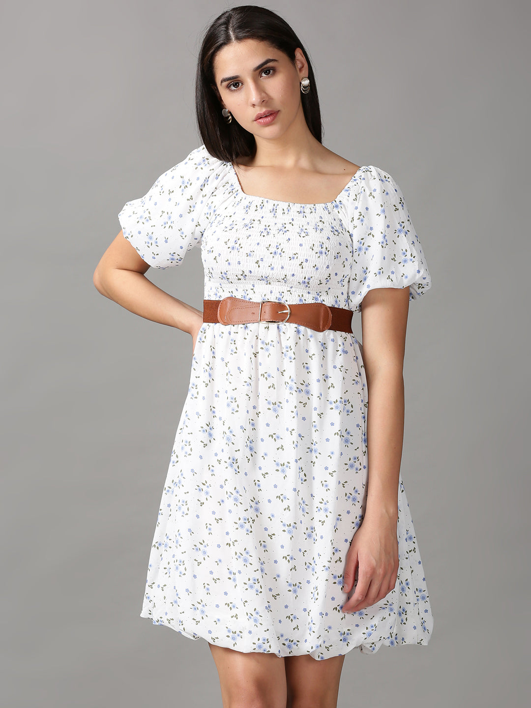 Women's White Floral Chiffon Fit & Flare Dress