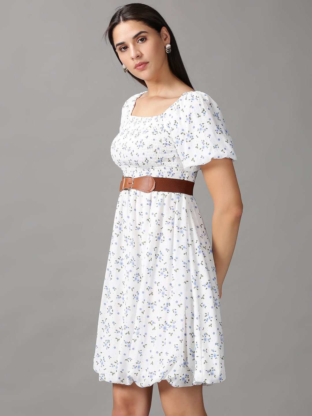 Women's White Floral Chiffon Fit & Flare Dress