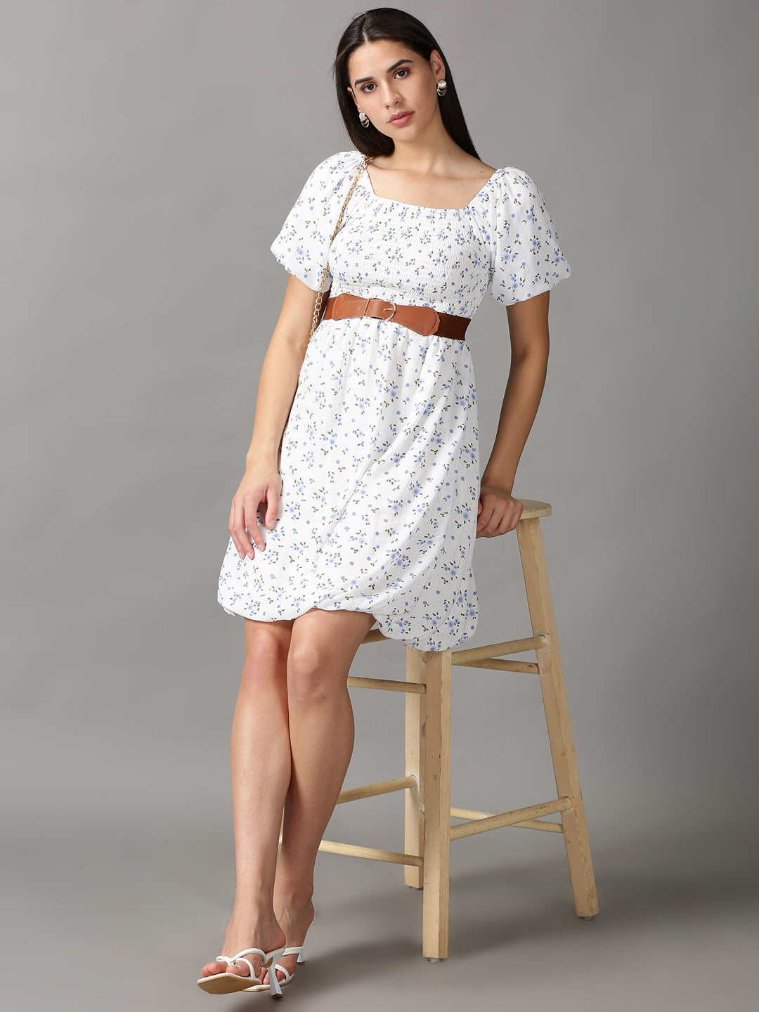 Women's White Floral Chiffon Fit & Flare Dress
