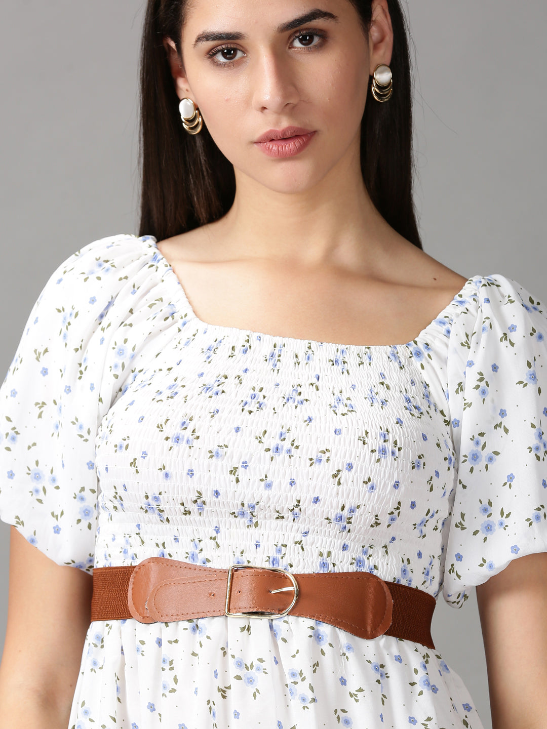 Women's White Floral Chiffon Fit & Flare Dress