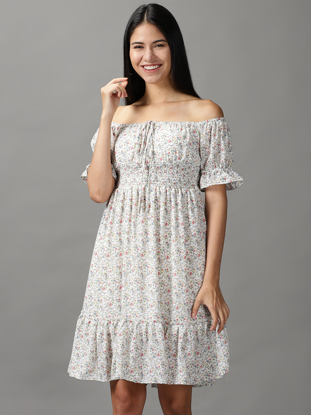 Women's White Floral Off-Shoulder Fit & Flare Dress