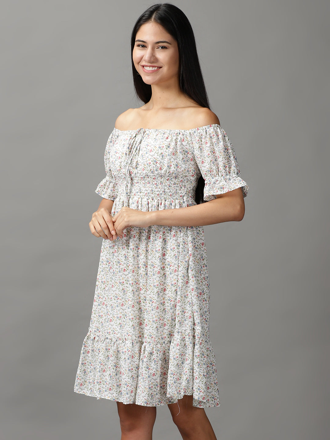 Women's White Floral Off-Shoulder Fit & Flare Dress