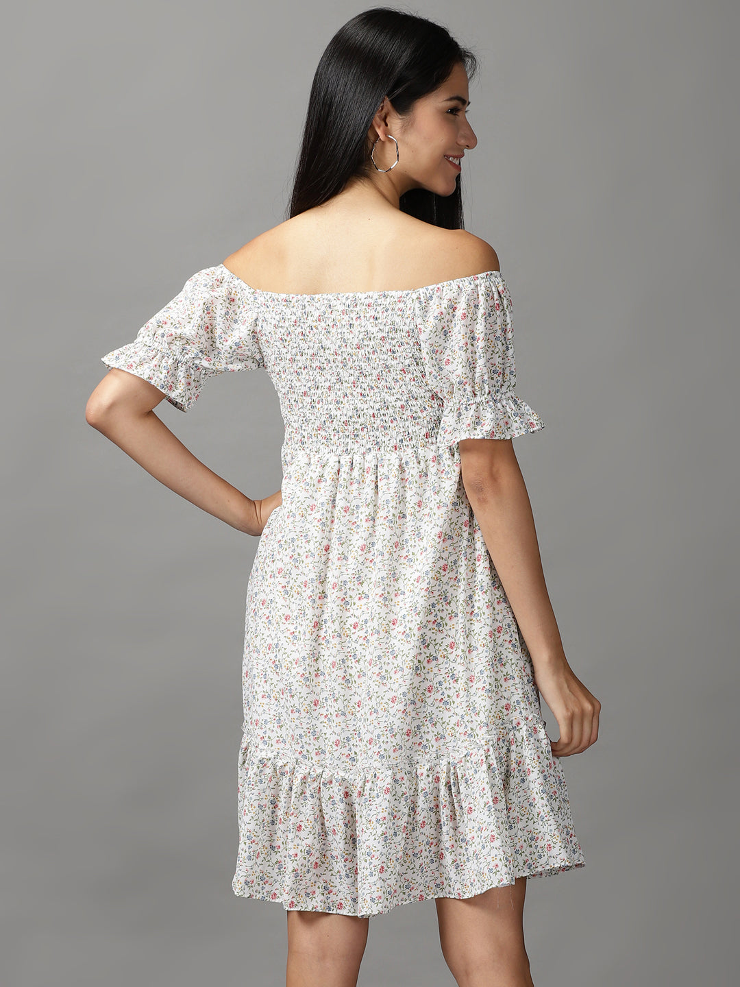 Women's White Floral Off-Shoulder Fit & Flare Dress