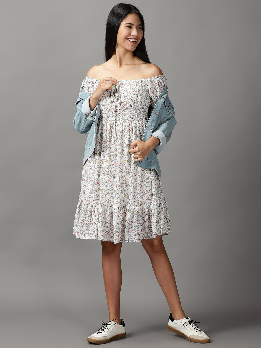 Women's White Floral Off-Shoulder Fit & Flare Dress
