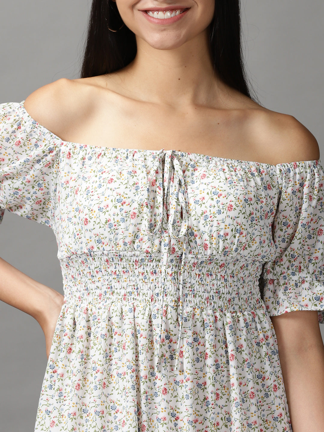 Women's White Floral Off-Shoulder Fit & Flare Dress