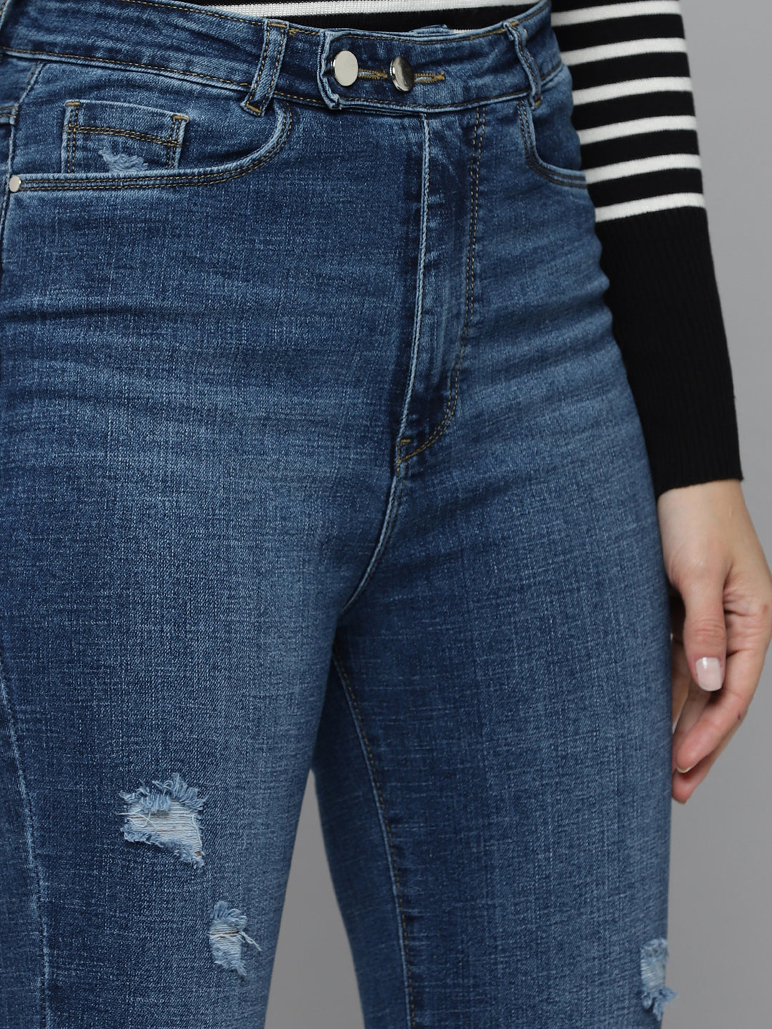 Women's Blue Jean Straight Fit High-Rise Low Distress Light Fade Stretchable Jeans