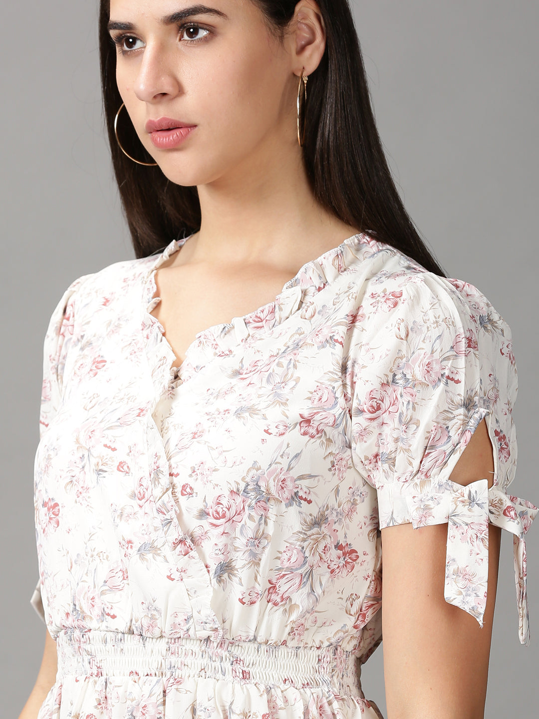 Women's Cream Floral Chiffon Fit & Flare Dress