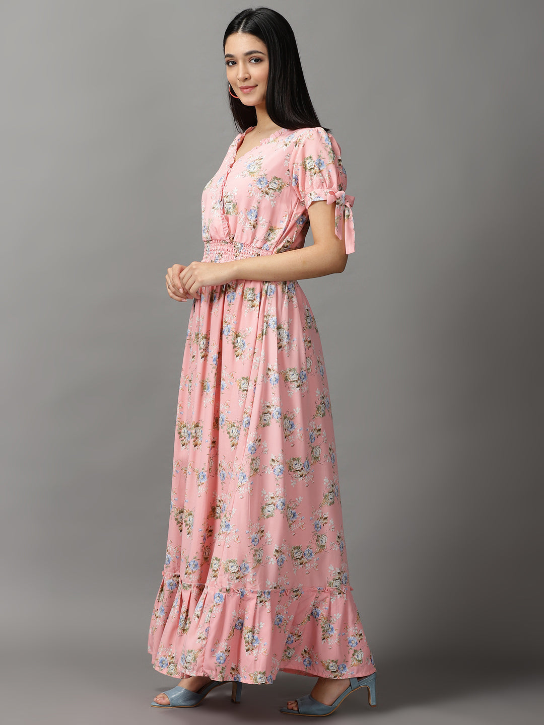 Women's Peach Floral Chiffon Fit & Flare Dress