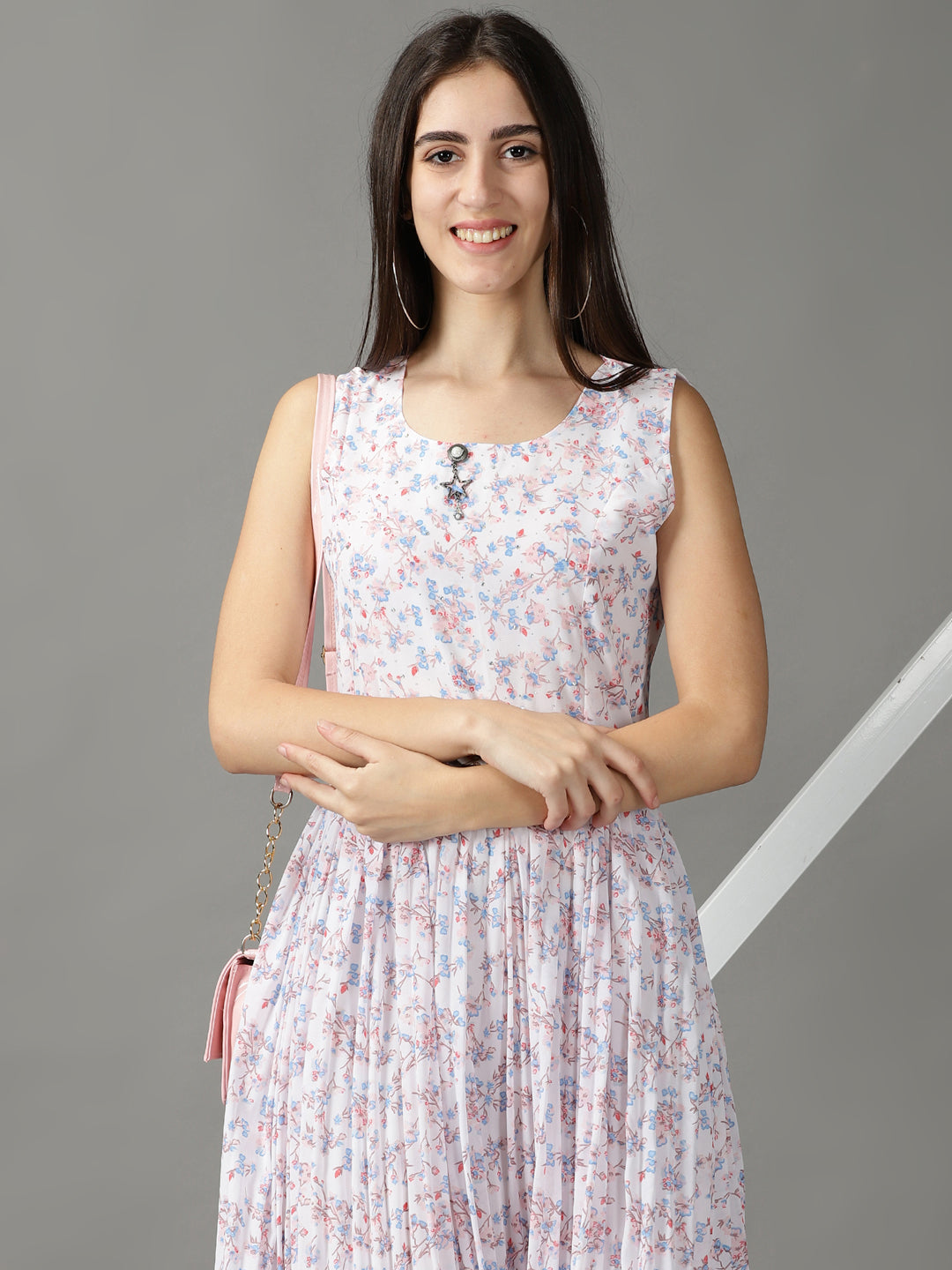 Women's White Floral Printed Accordion Pleated A-Line Midi Dress