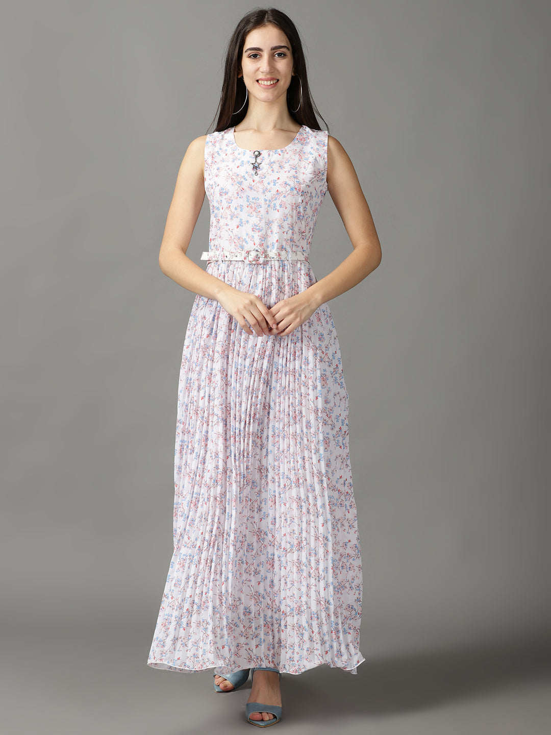 Women's White Floral Printed Accordion Pleated A-Line Midi Dress