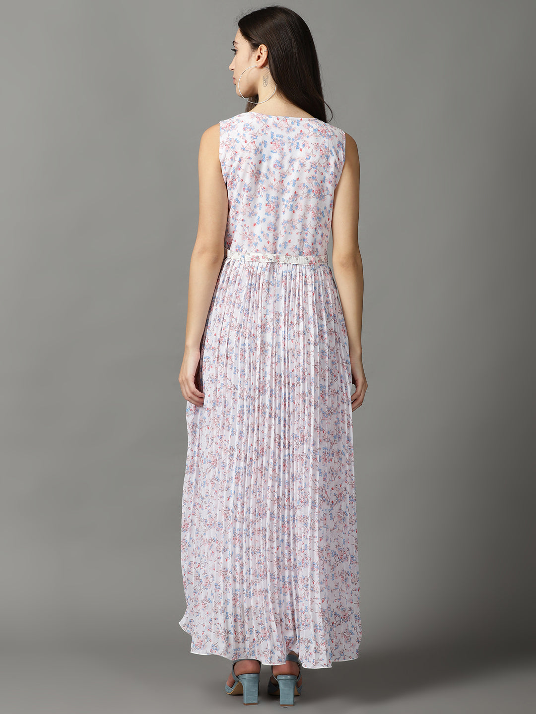 Women's White Floral Printed Accordion Pleated A-Line Midi Dress