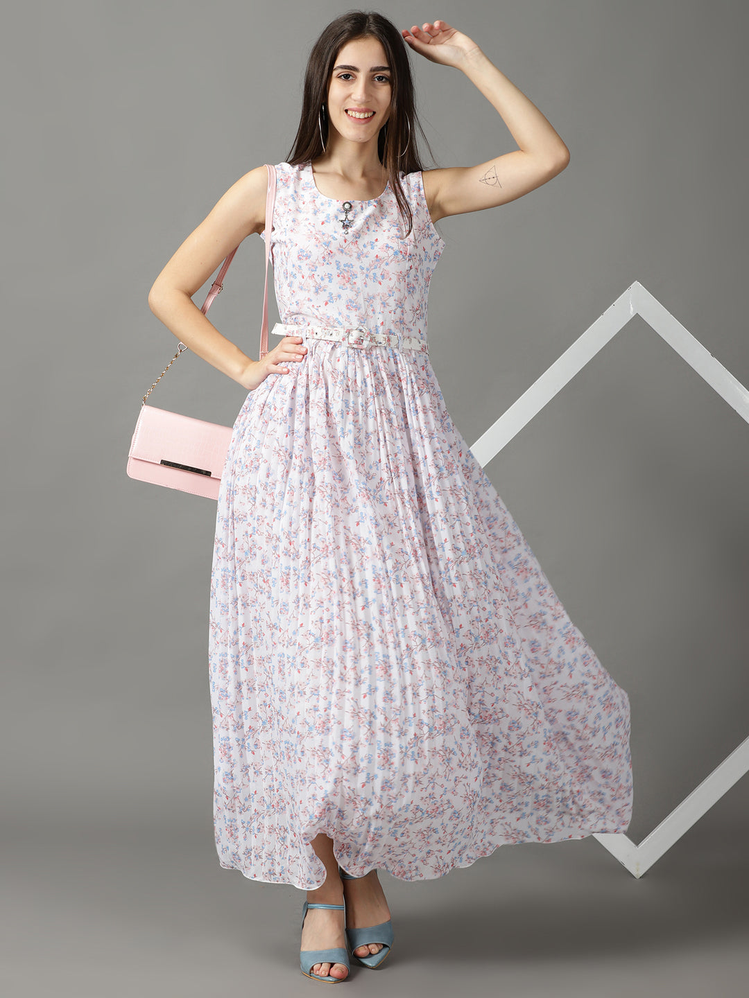 Women's White Floral Printed Accordion Pleated A-Line Midi Dress