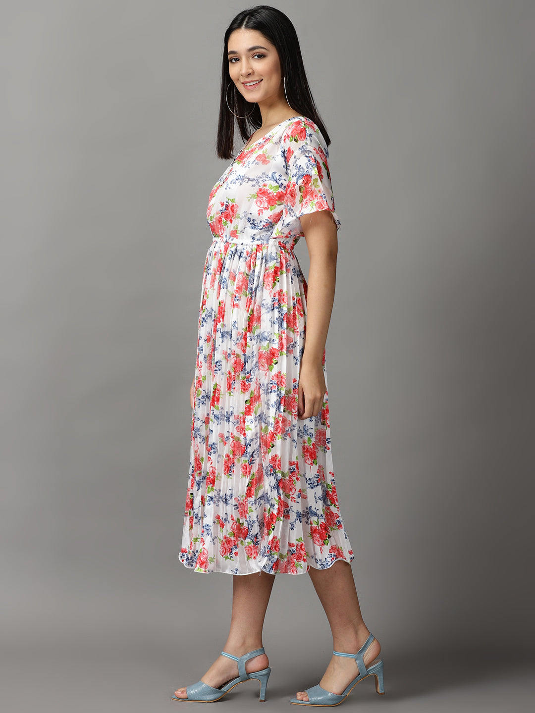 Women's White Floral Printed Midi Dress