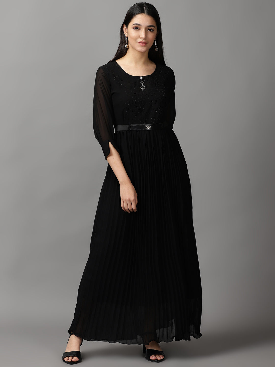 Women's Black Solid Fit and Flare Dress