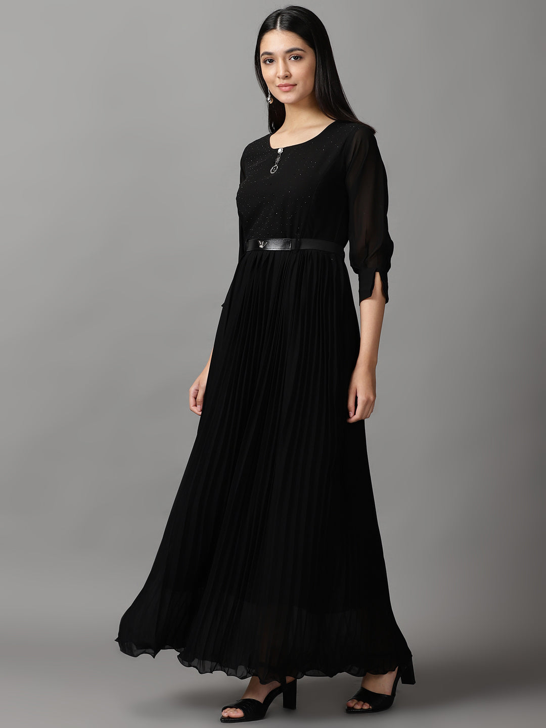 Women's Black Solid Fit and Flare Dress