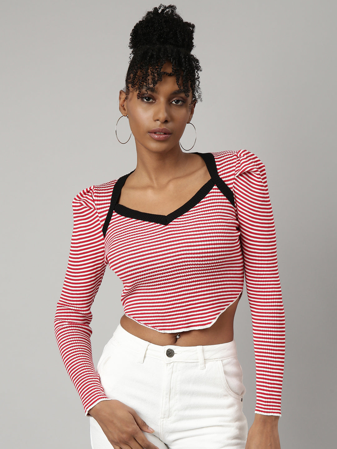 Women's Red Striped Sweetheart Neck Puff Sleeve Fitted Crop Top