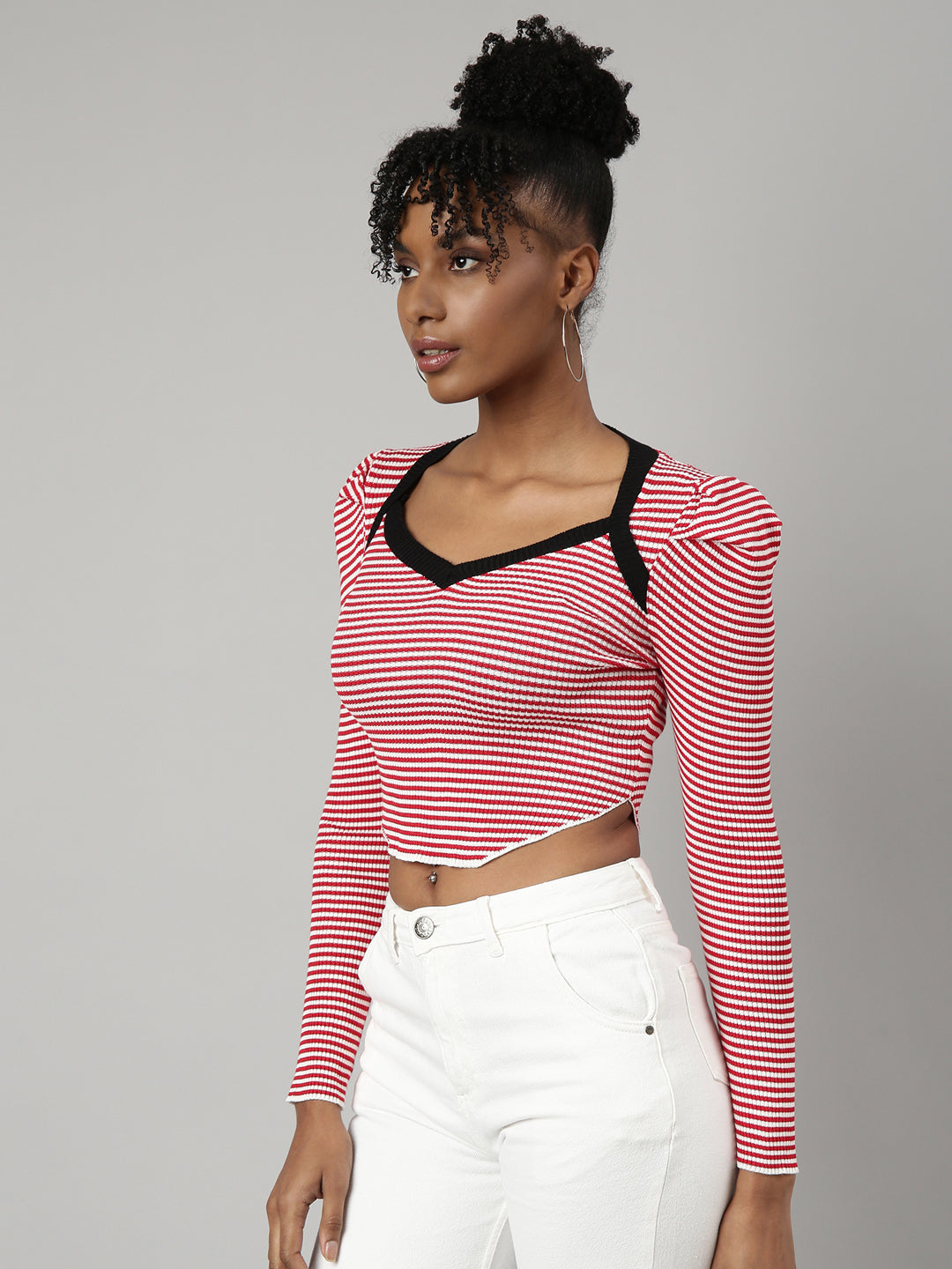 Women's Red Striped Sweetheart Neck Puff Sleeve Fitted Crop Top
