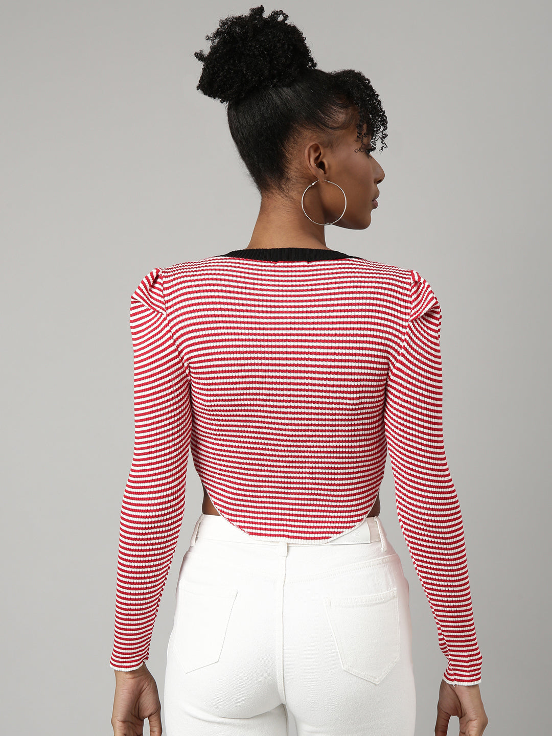 Women's Red Striped Sweetheart Neck Puff Sleeve Fitted Crop Top