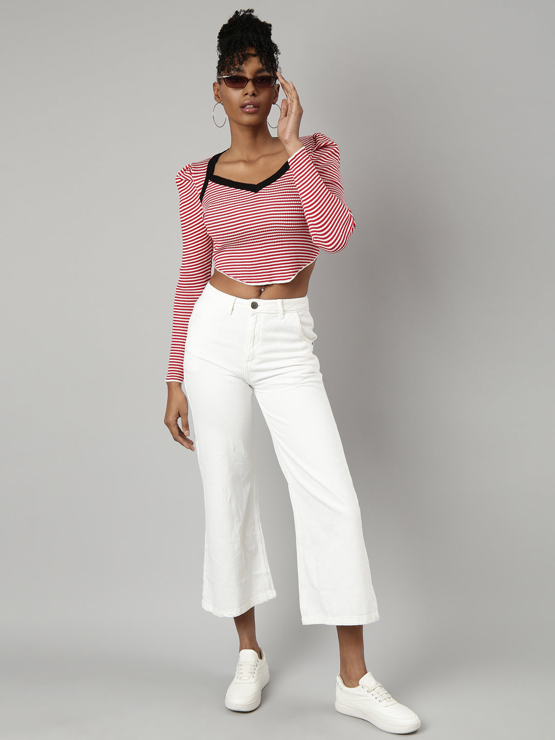 Women's Red Striped Sweetheart Neck Puff Sleeve Fitted Crop Top