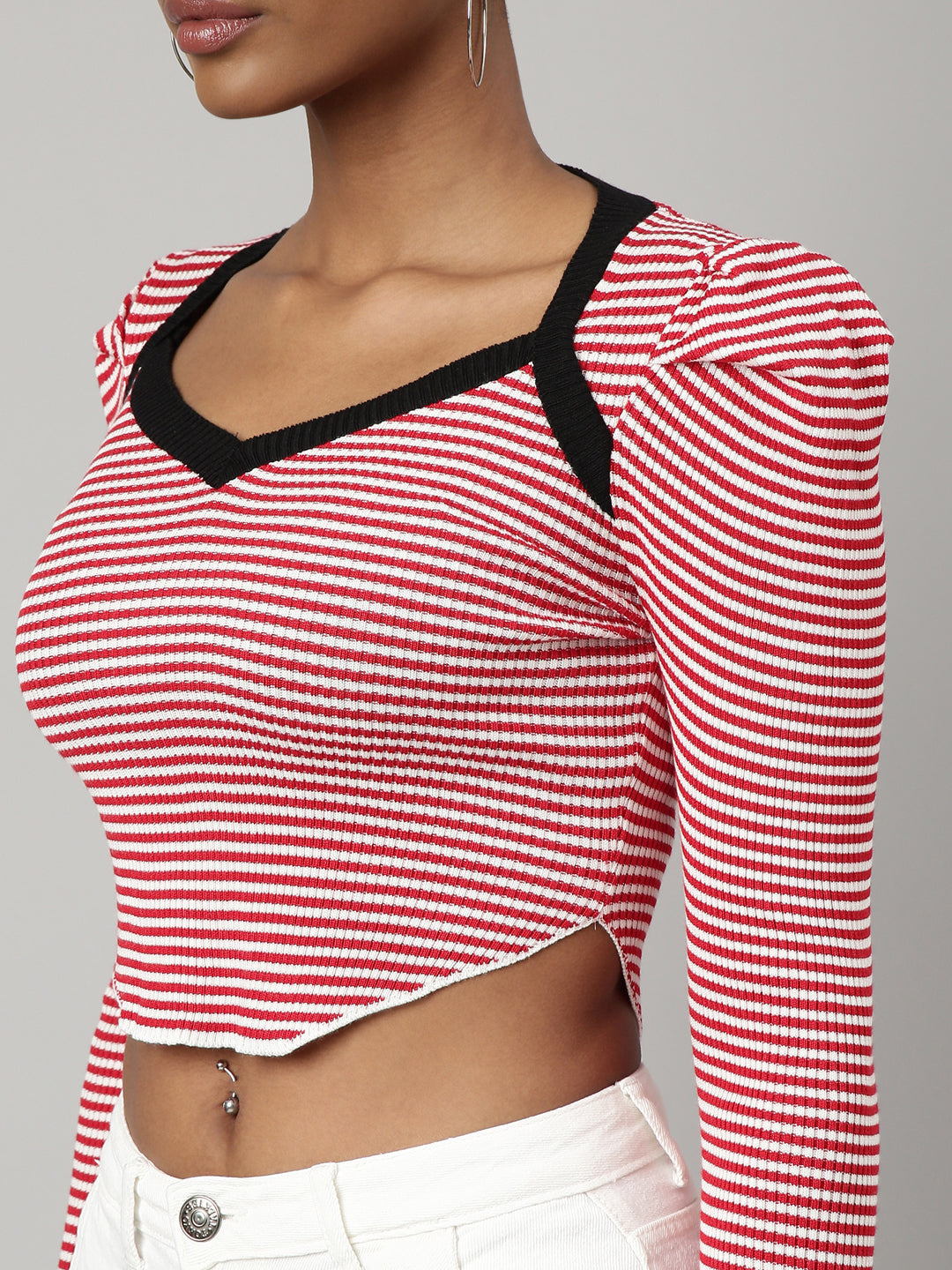 Women's Red Striped Sweetheart Neck Puff Sleeve Fitted Crop Top