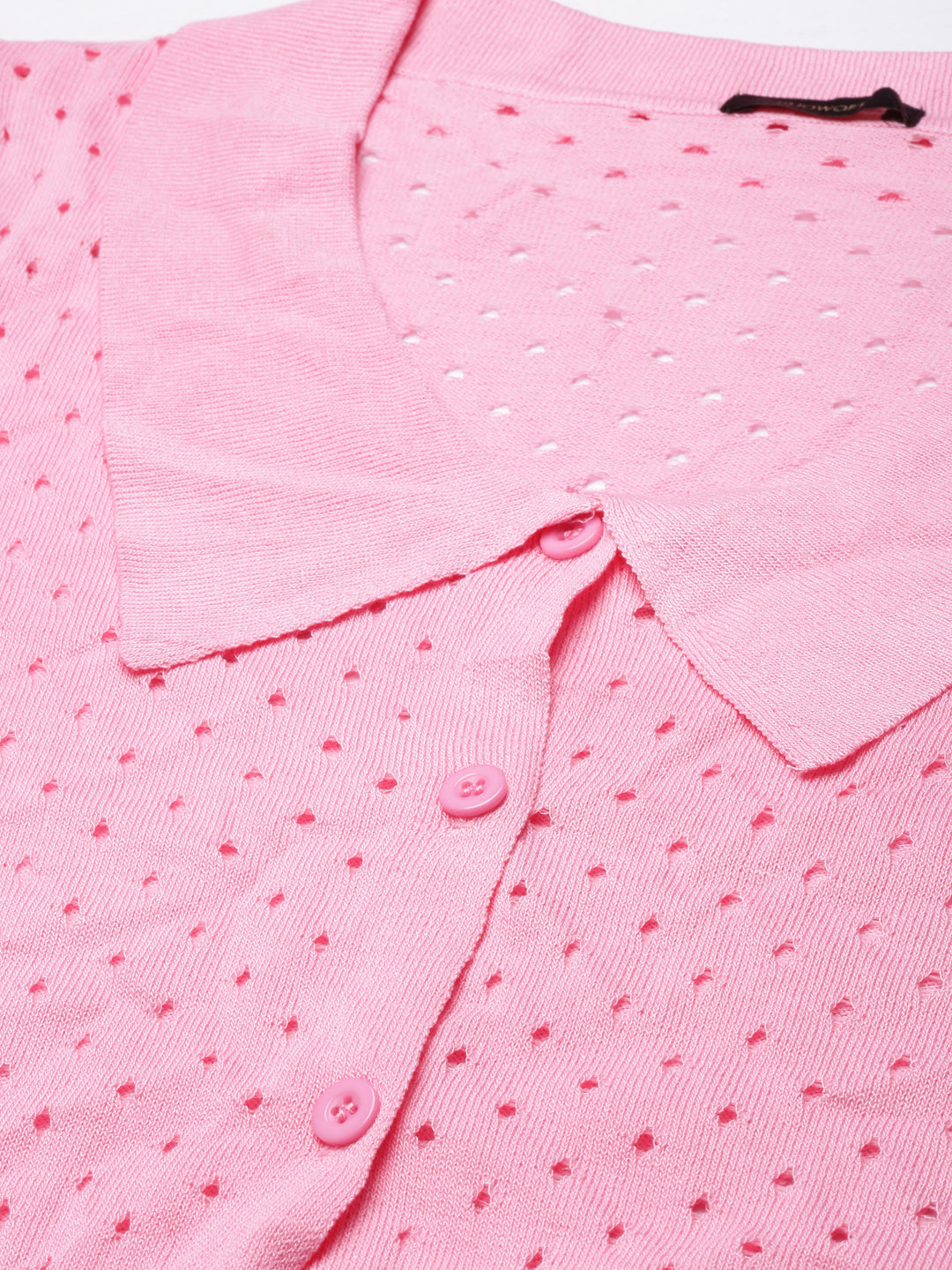 Women's Pink Self Design Shirt Collar Crop Top
