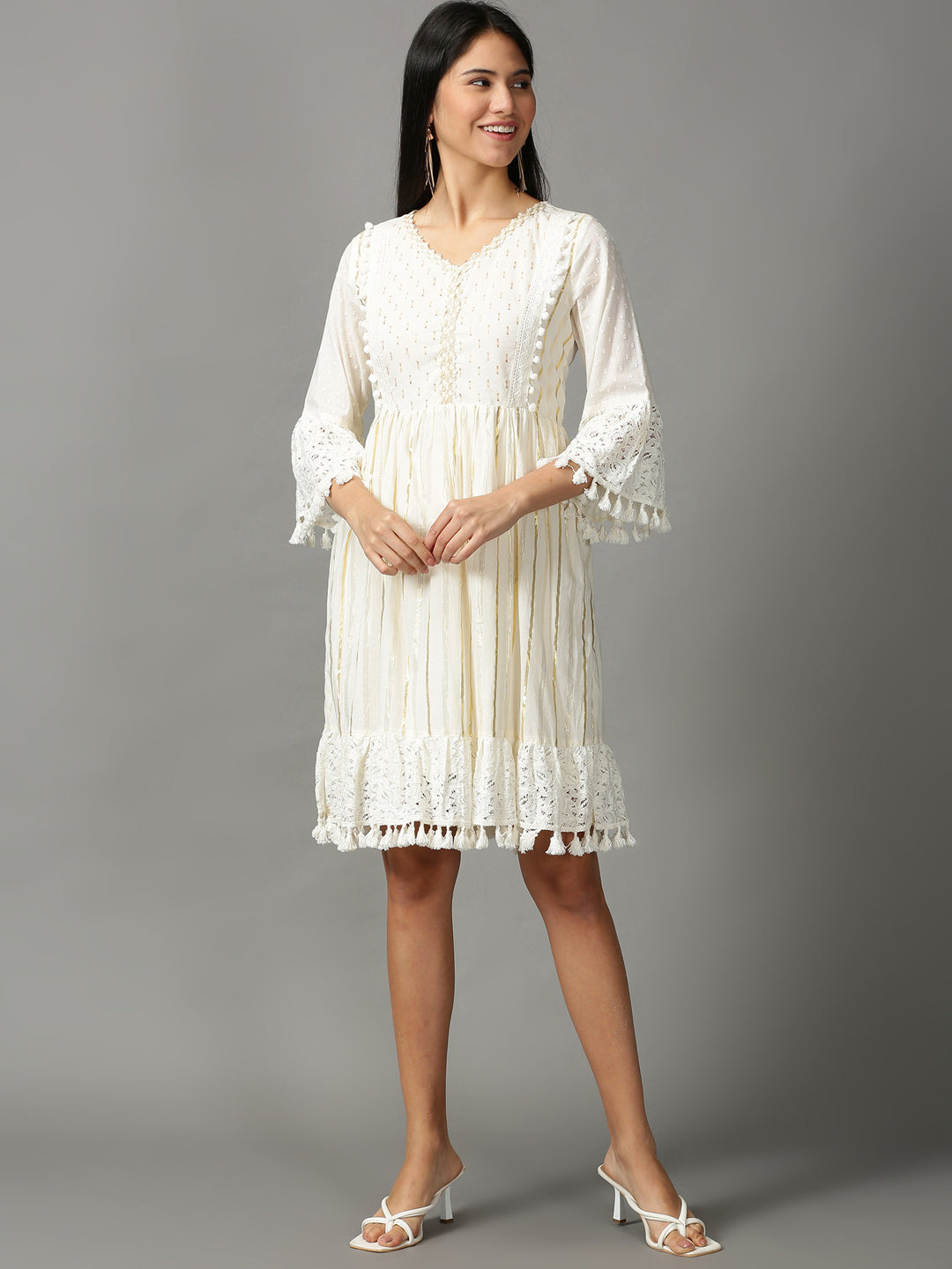 Women's Off White Embroidered Cotton Crepe Ethnic Dress