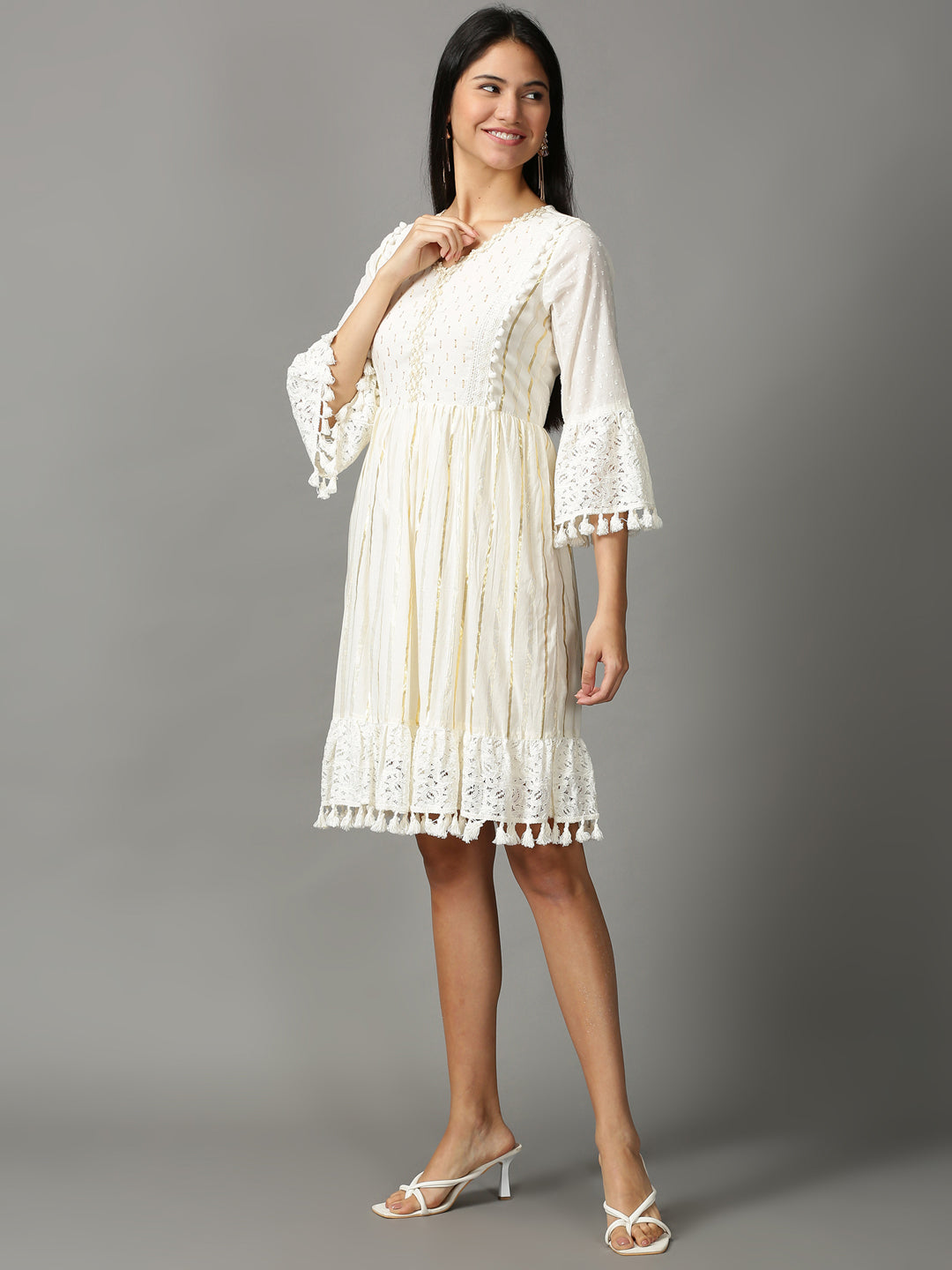 Women's Off White Embroidered Cotton Crepe Ethnic Dress