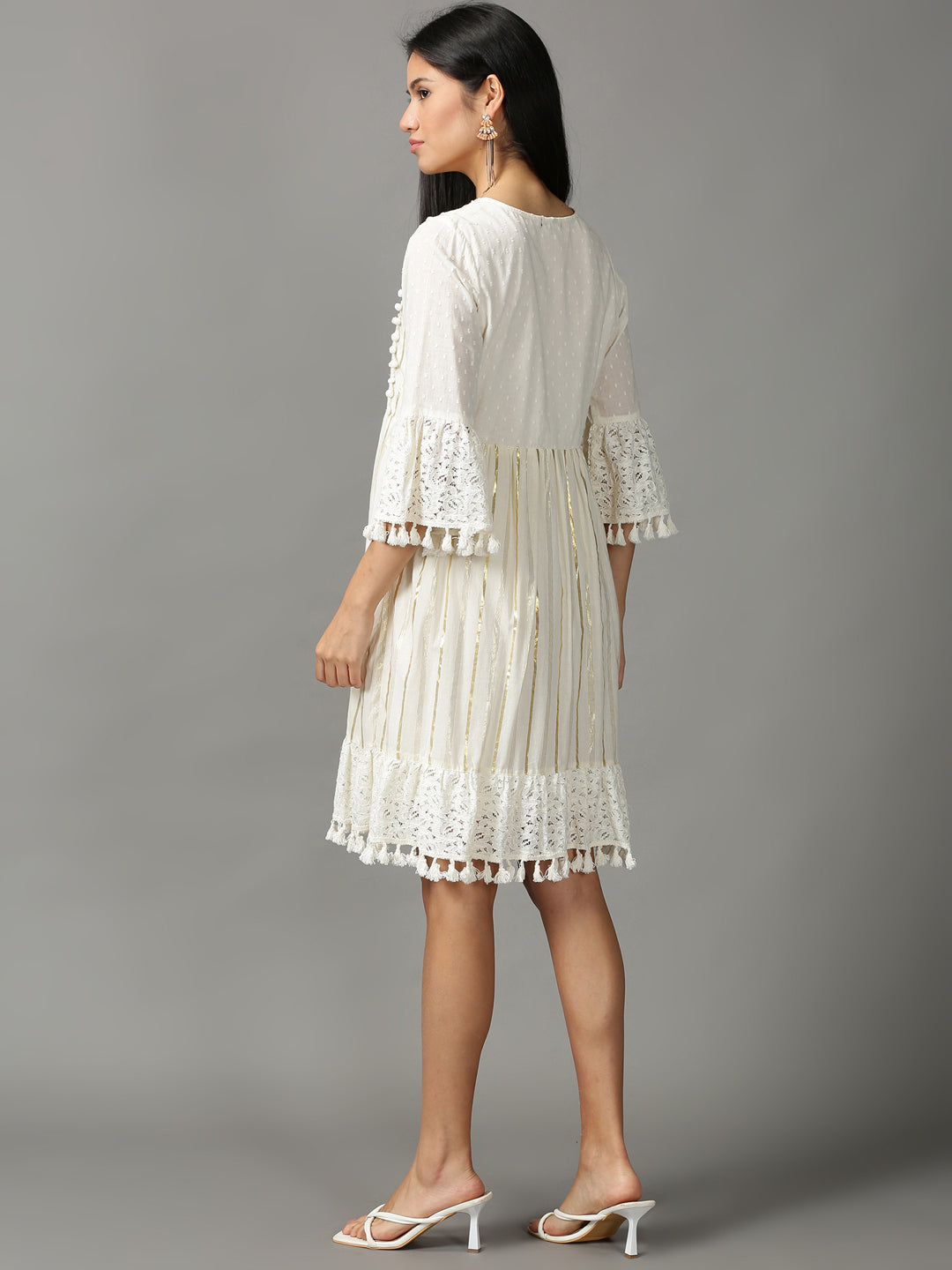 Women's Off White Embroidered Cotton Crepe Ethnic Dress