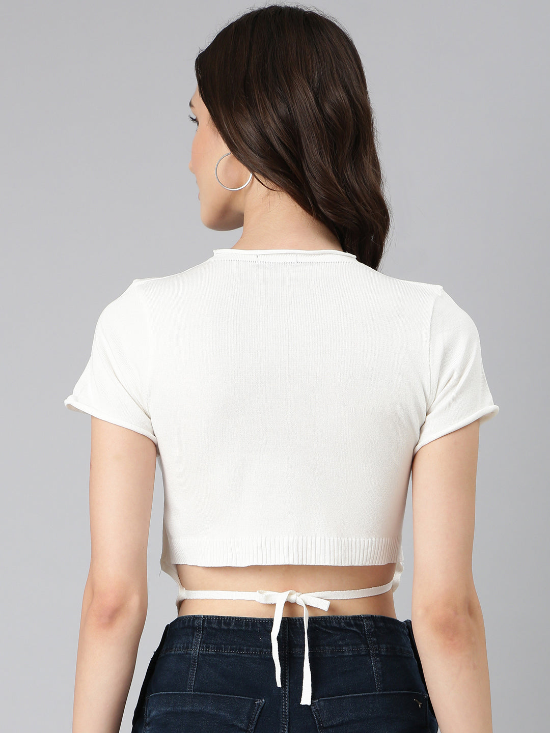 Women's Off White Short Sleeves Acrylic Crop Top