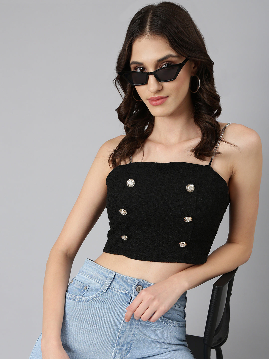 Women's Black Sleeveless Smocked Bralette Crop Top