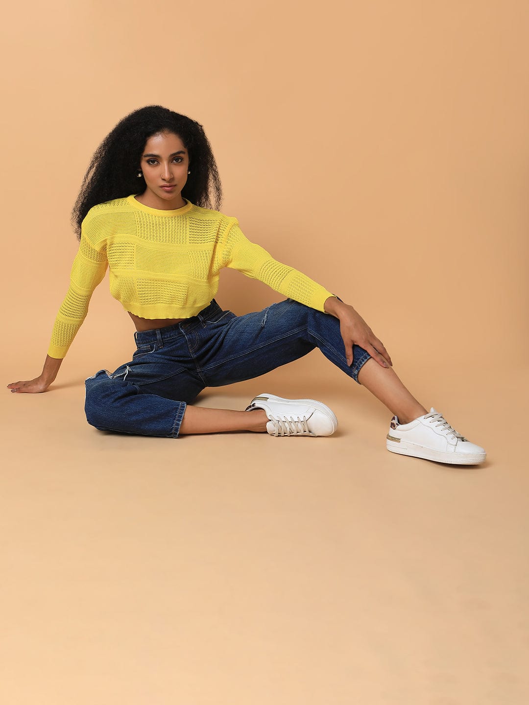 Women's Yellow Self Design Crochet Round Neck Acrylic Top