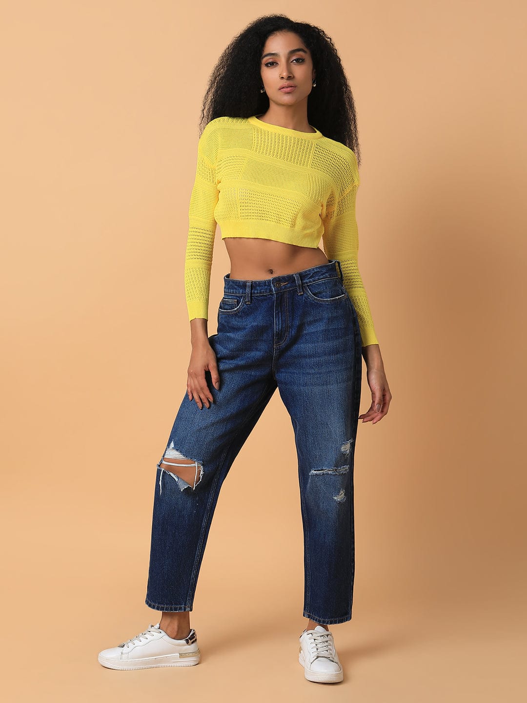 Women's Yellow Self Design Crochet Round Neck Acrylic Top