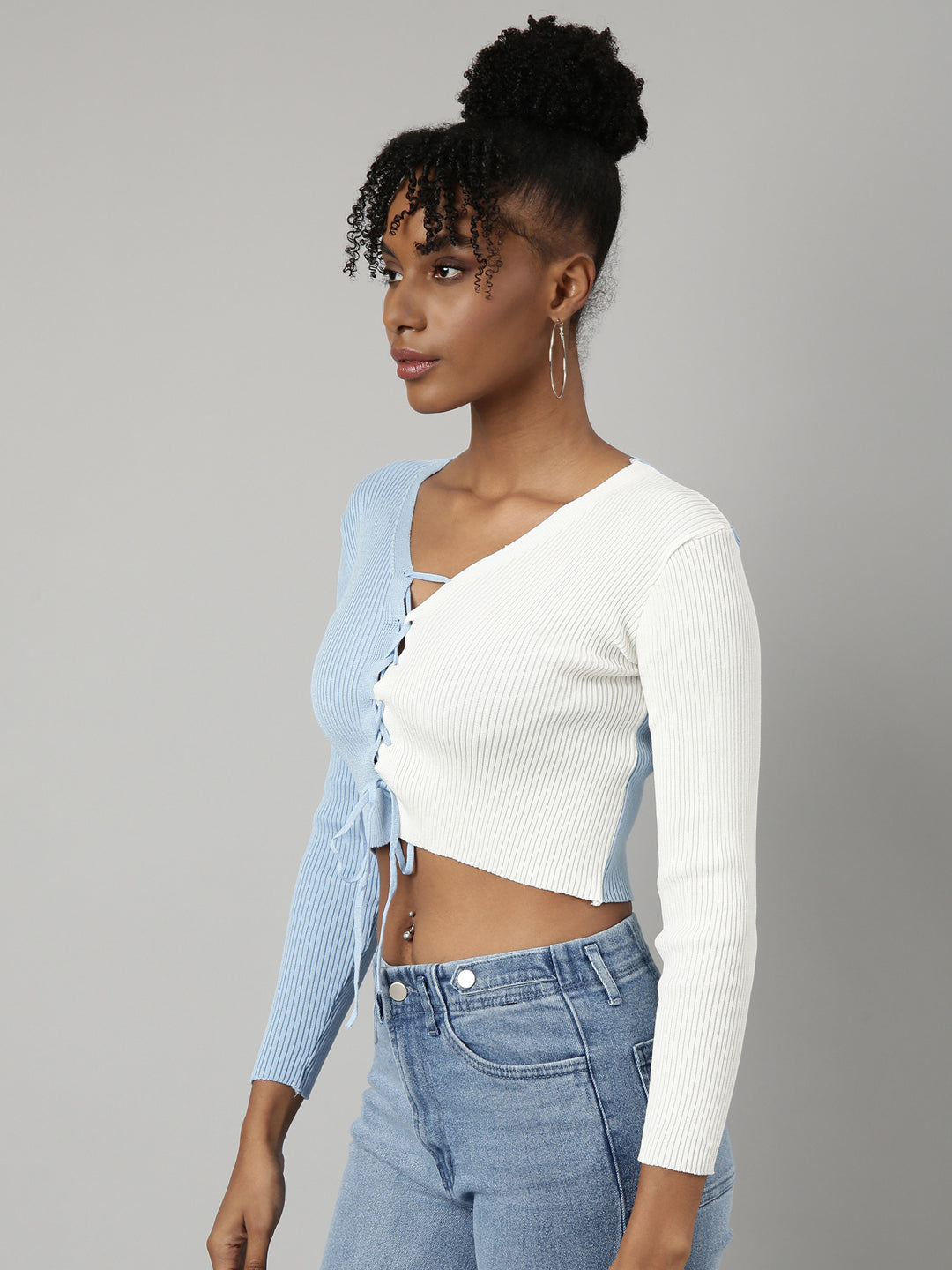 Women's Blue Colour blocked Fitted Crop Top