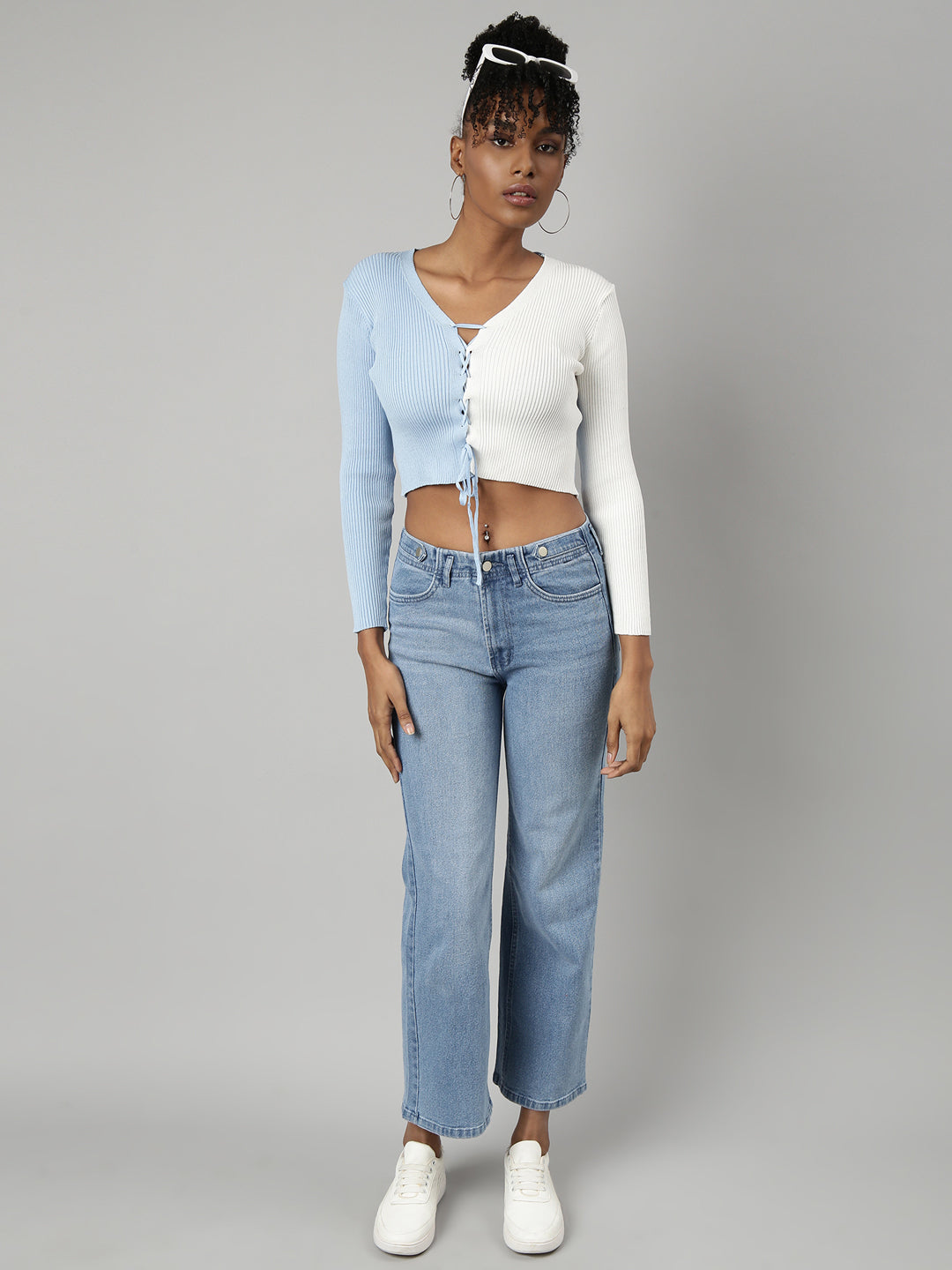 Women's Blue Colour blocked Fitted Crop Top