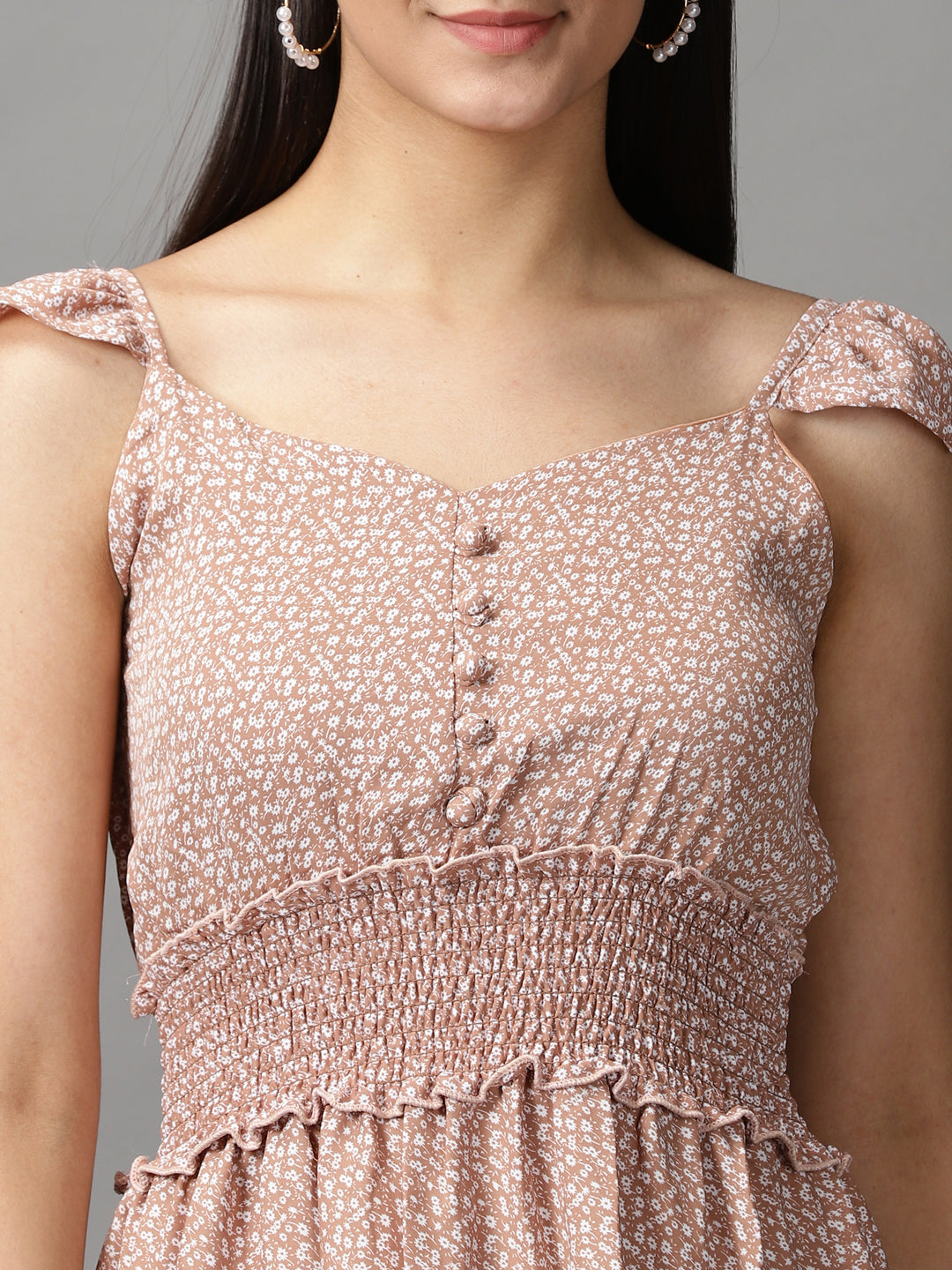 Women's Tan Floral Chiffon Fit & Flare Dress