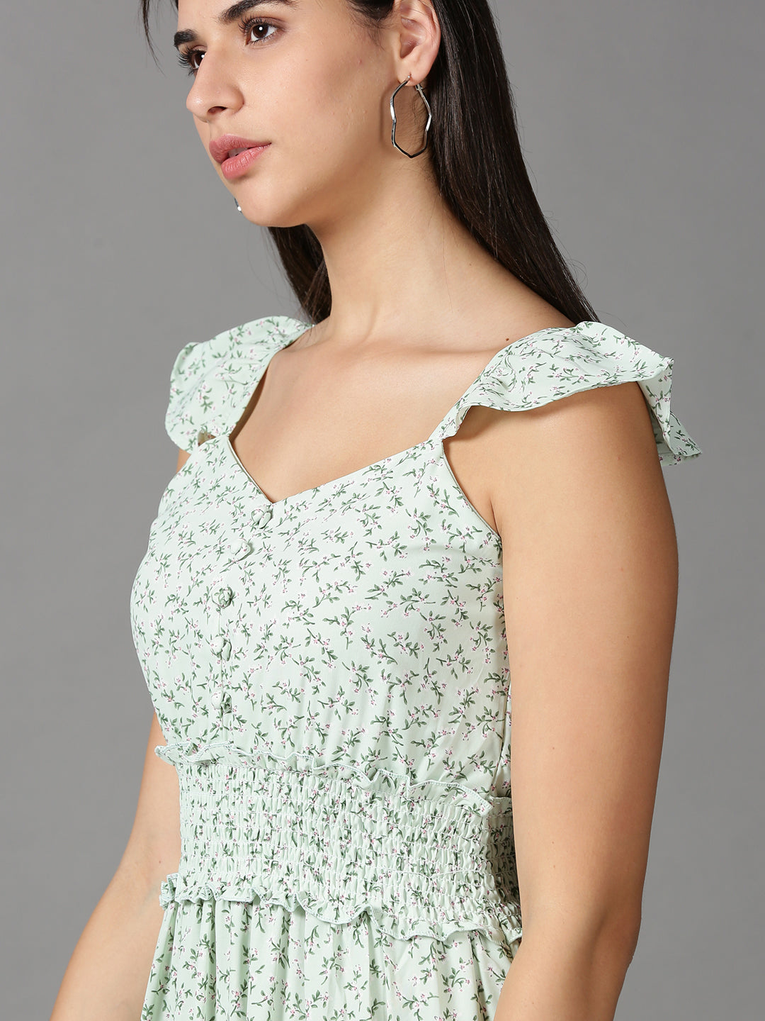 Women's Green Floral Printed Fit & Flare Dress
