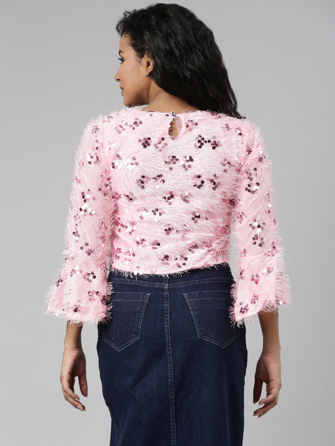 Women's Pink Embellished Bell Sleeve Crop Top
