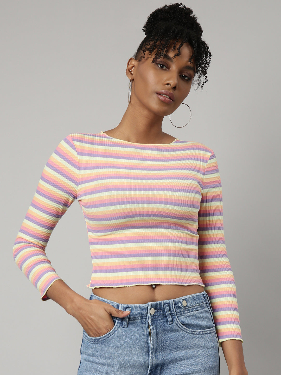 Women's Multi Striped Fitted Crop Top