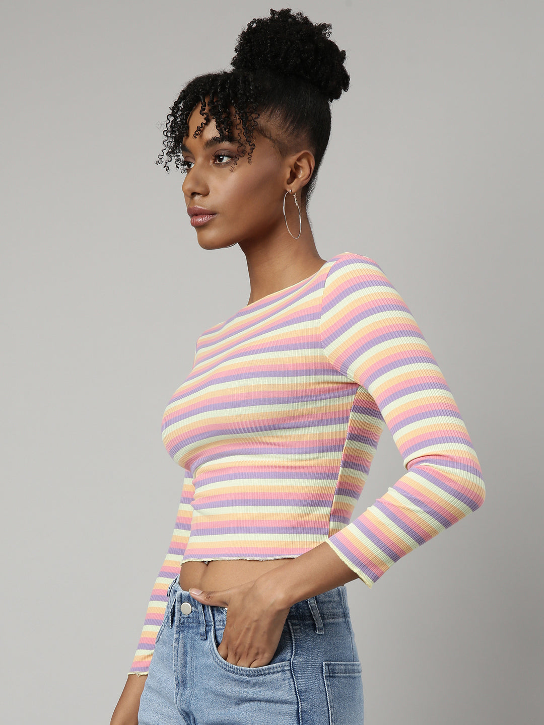 Women's Multi Striped Fitted Crop Top