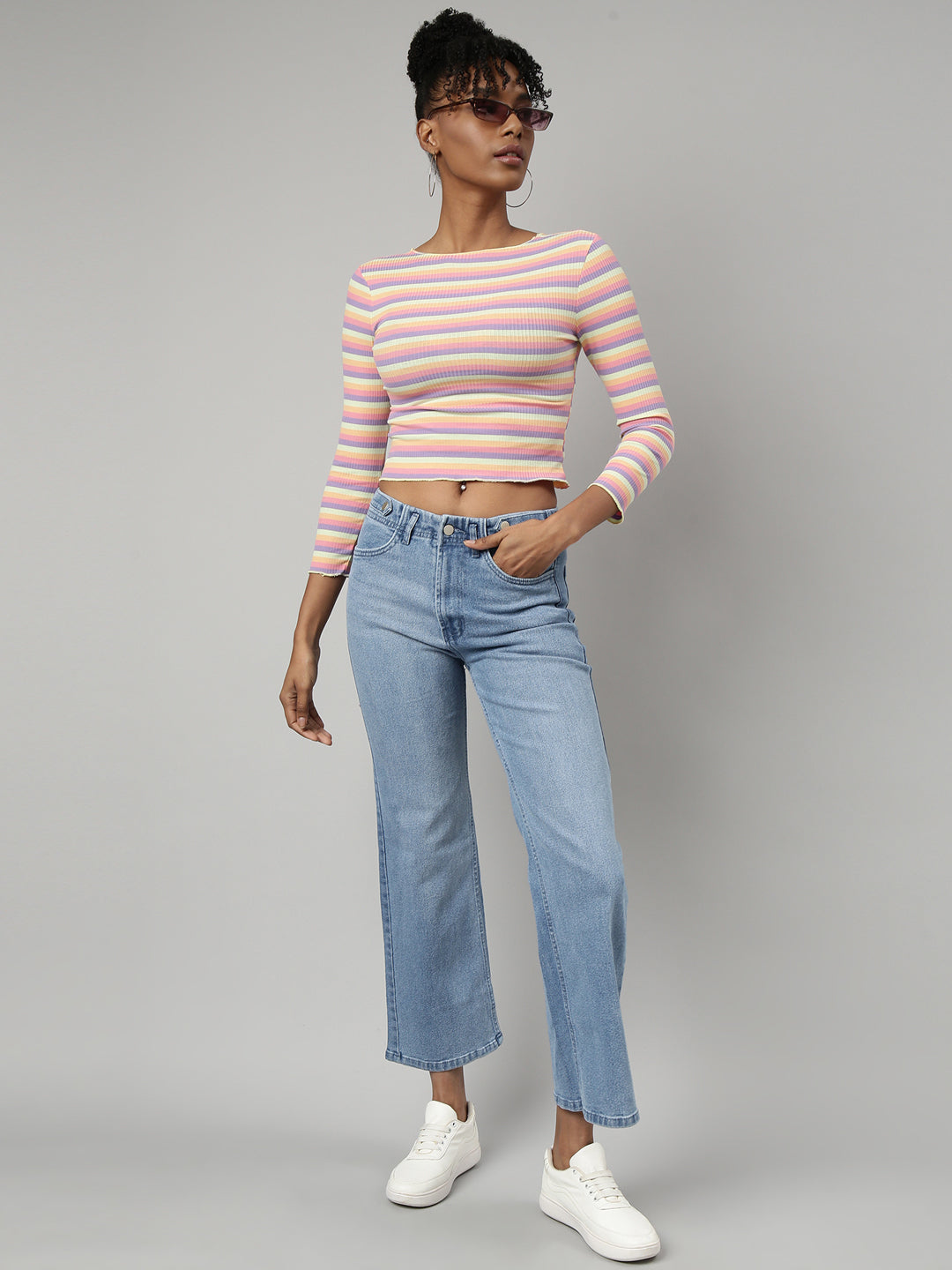 Women's Multi Striped Fitted Crop Top