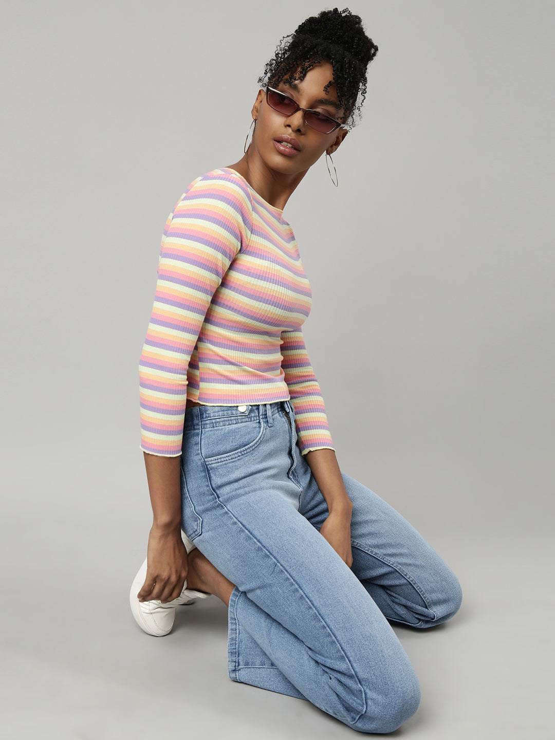 Women's Multi Striped Fitted Crop Top