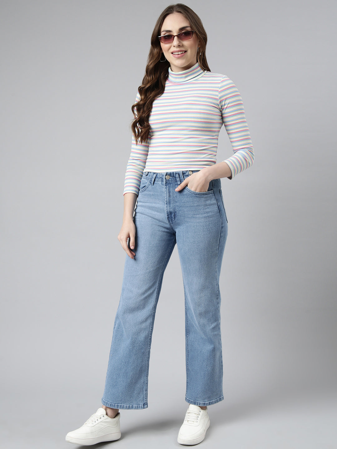 Women's Sea Green Striped Fitted Top