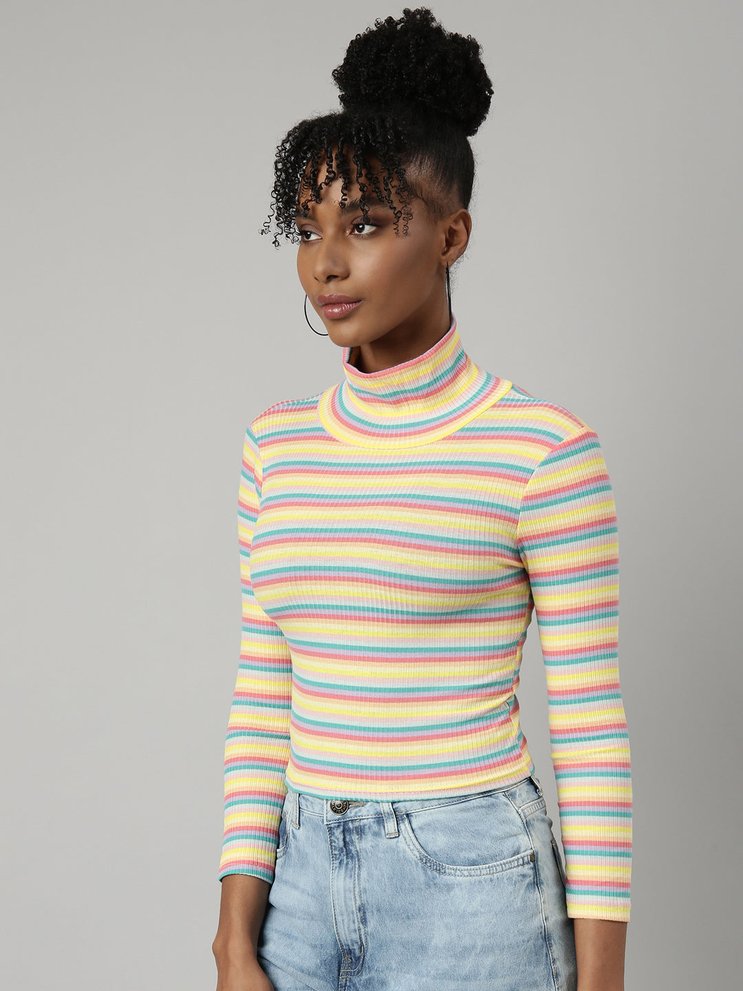Women's Yellow Horizontal Stripes Fitted Crop Top