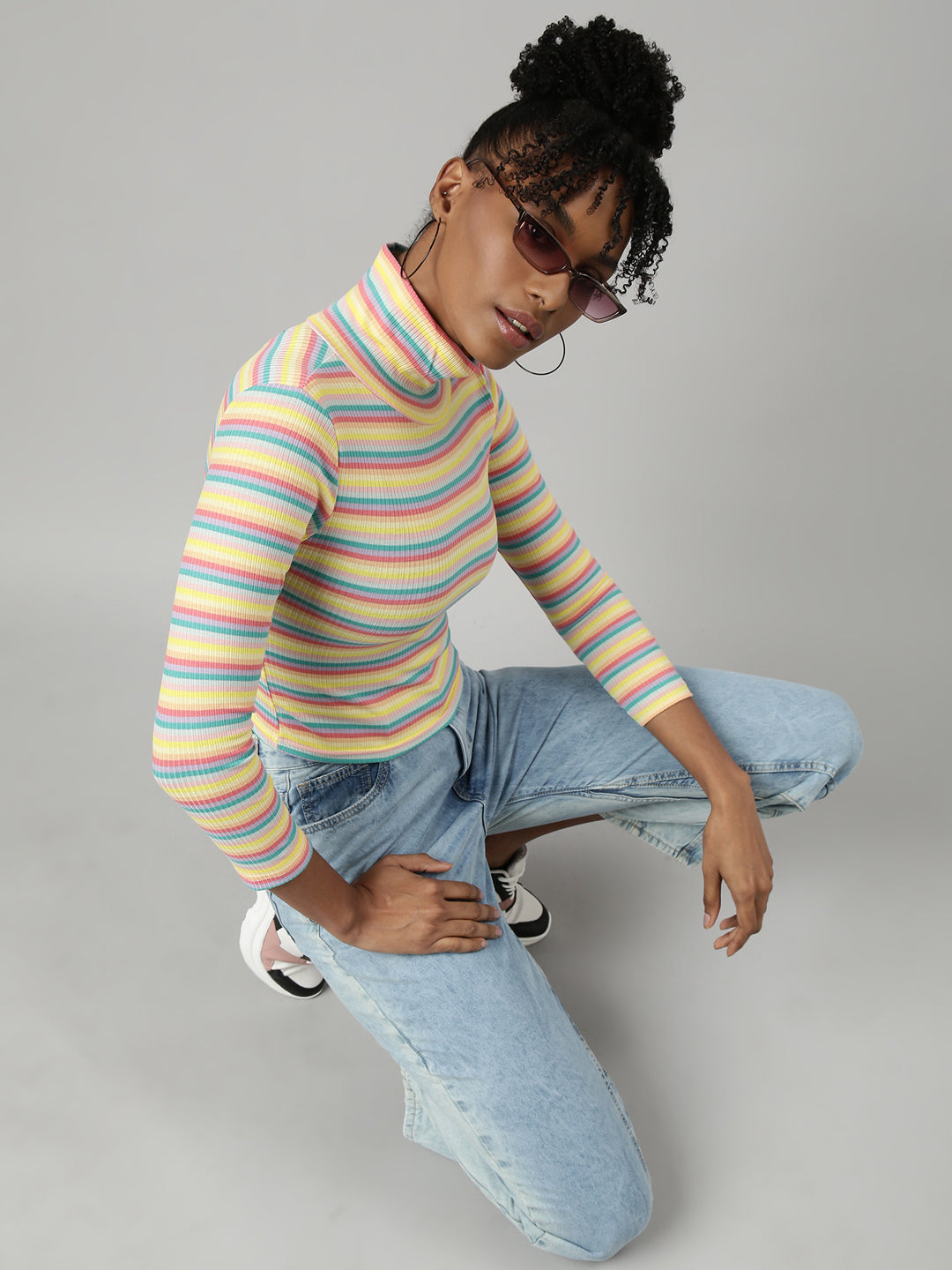 Women's Yellow Horizontal Stripes Fitted Crop Top